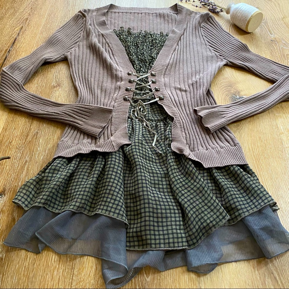 Merino Wool & Cashmere Corset Cardigan with Layered Runched Peasant Bodice